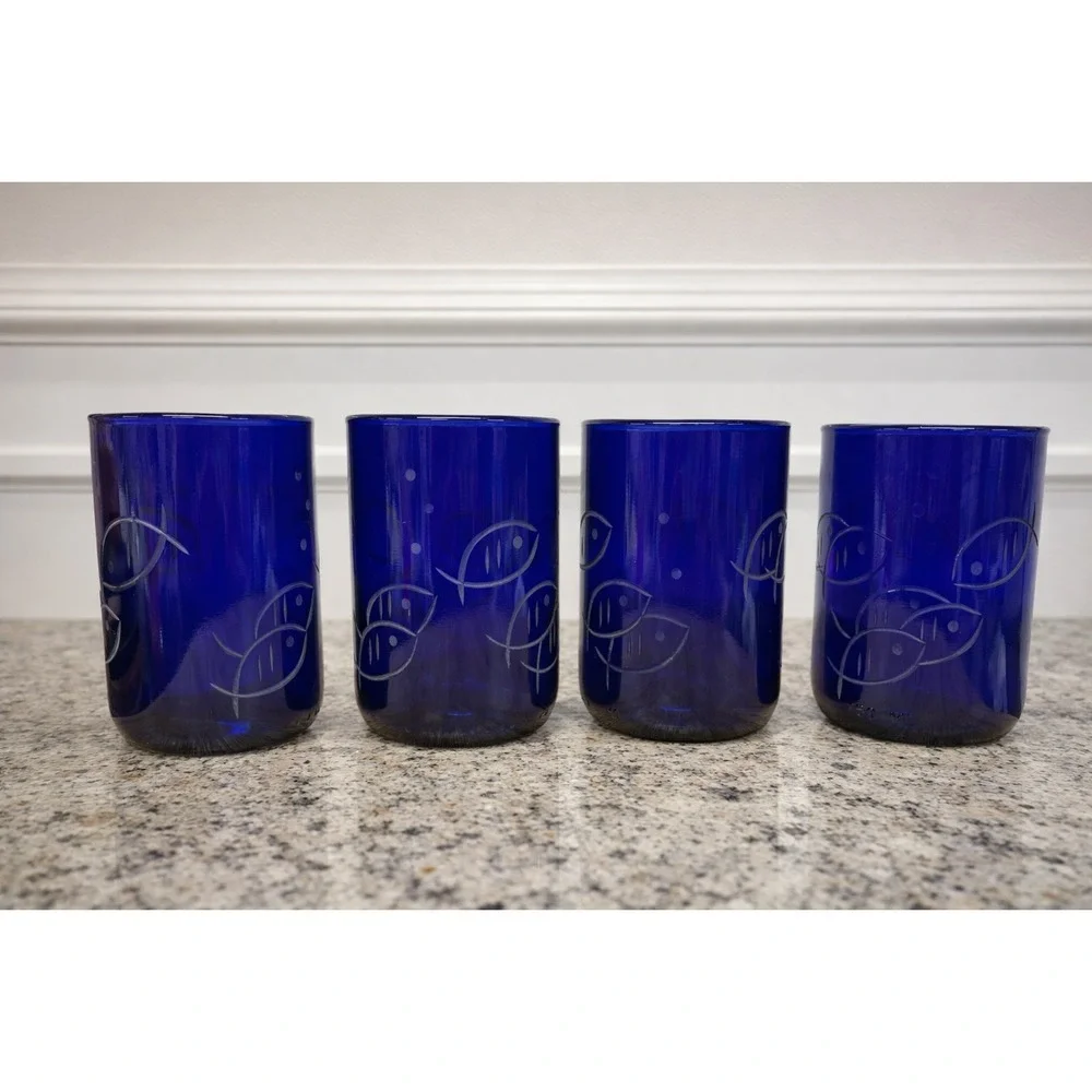 Rolf‎ Glass Blue Fish Twice Around 14 oz Recycled Glass Tumbler Set of 4 US Made